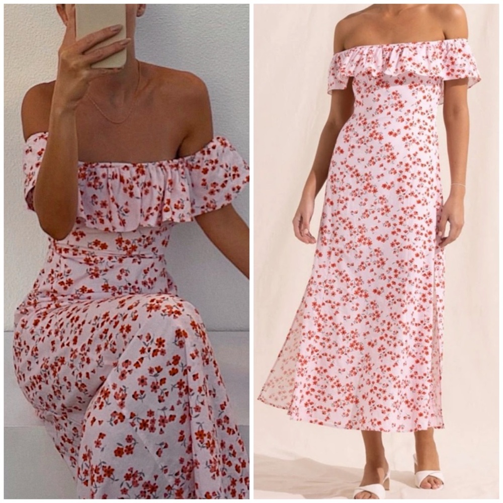 Peony Posy Floral Print Off Shoulder Midi Dress Pink Red Size Small